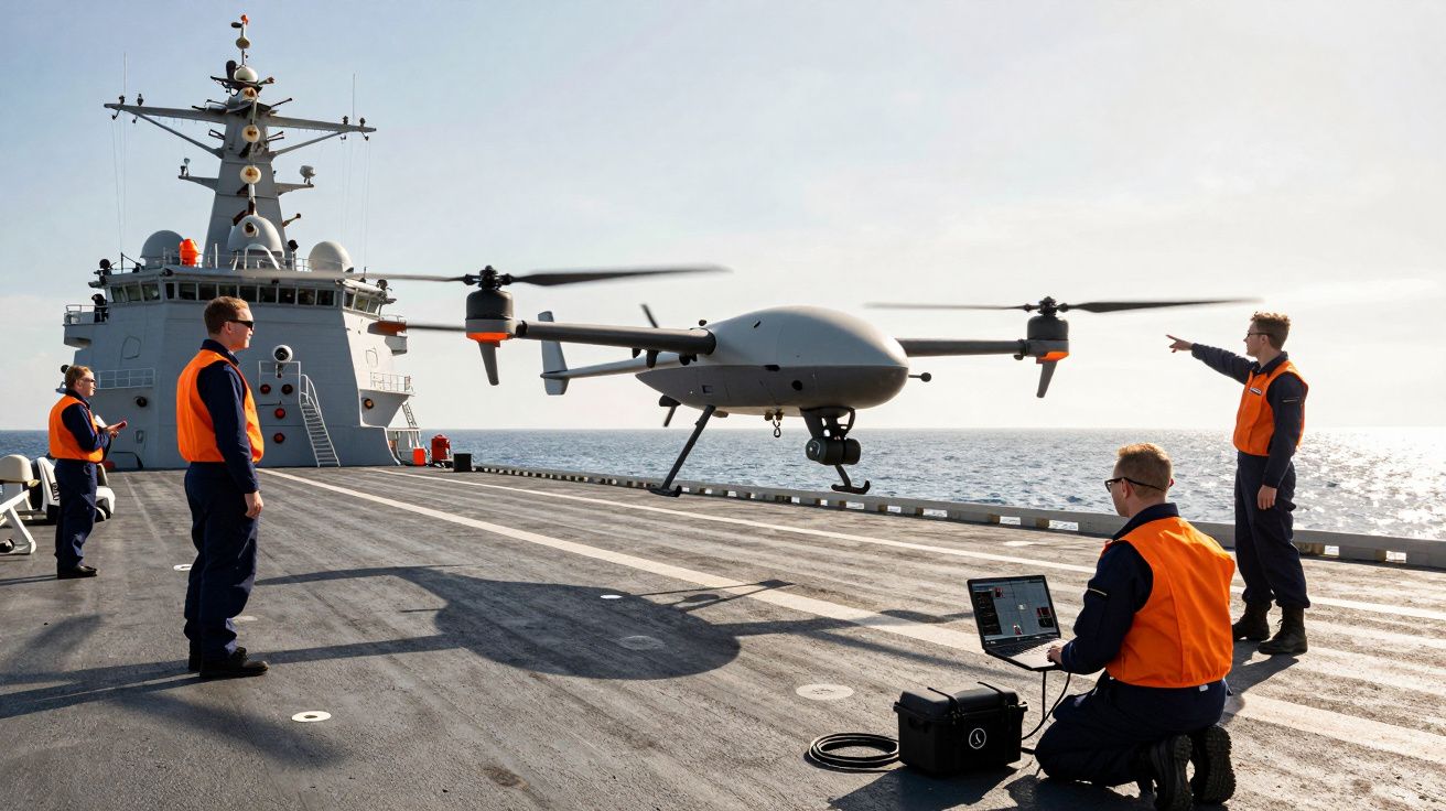 Quatro militares com coletes laranja operam e monitorizam um drone em voo sobre um navio no mar.