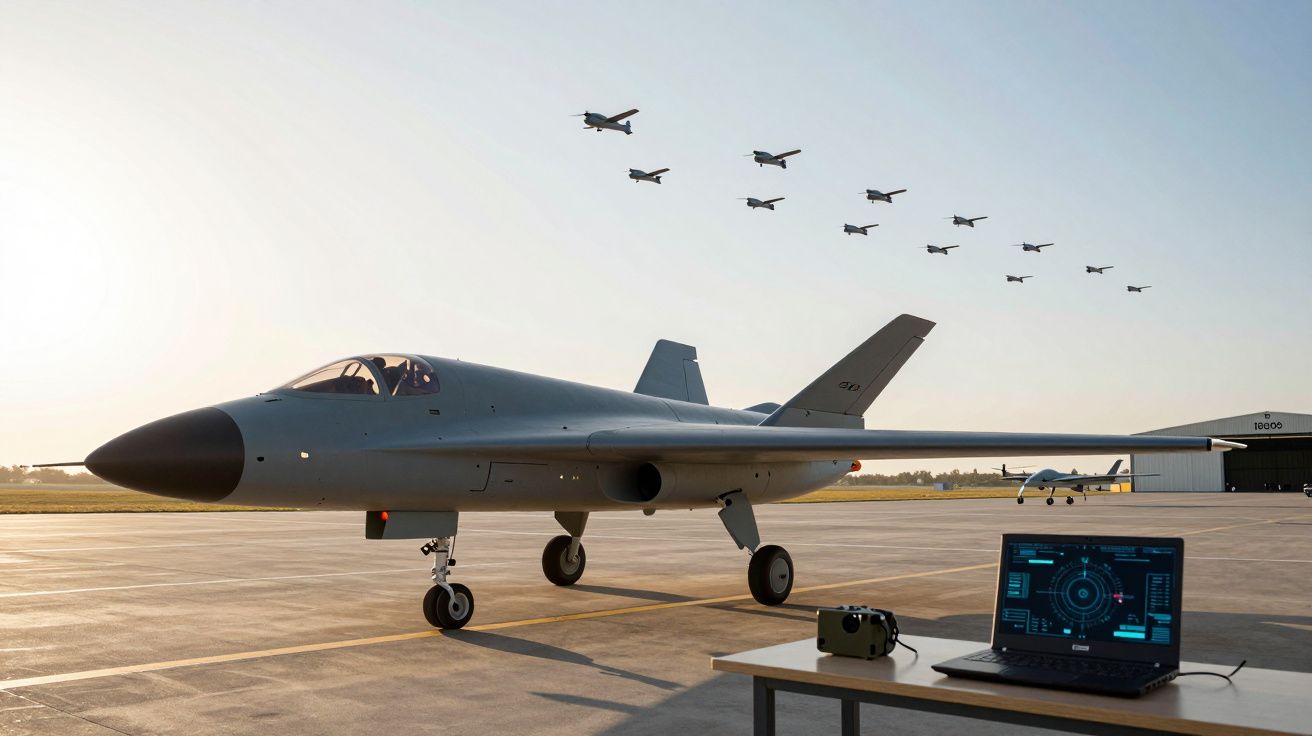 Avião de combate estacionado no aeroporto com formação de aviões em voo e computador numa mesa em primeiro plano.