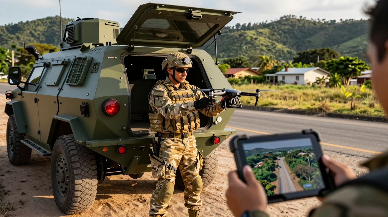 Soldado militar em uniforme camuflado controla drone perto de veículo blindado num cenário rural.