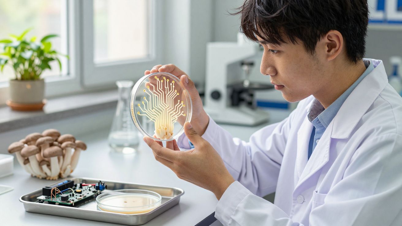 Cientista a examinar uma placa de Petri com desenho digital de circuito, ao lado de cogumelos e placa eletrónica no laboratór