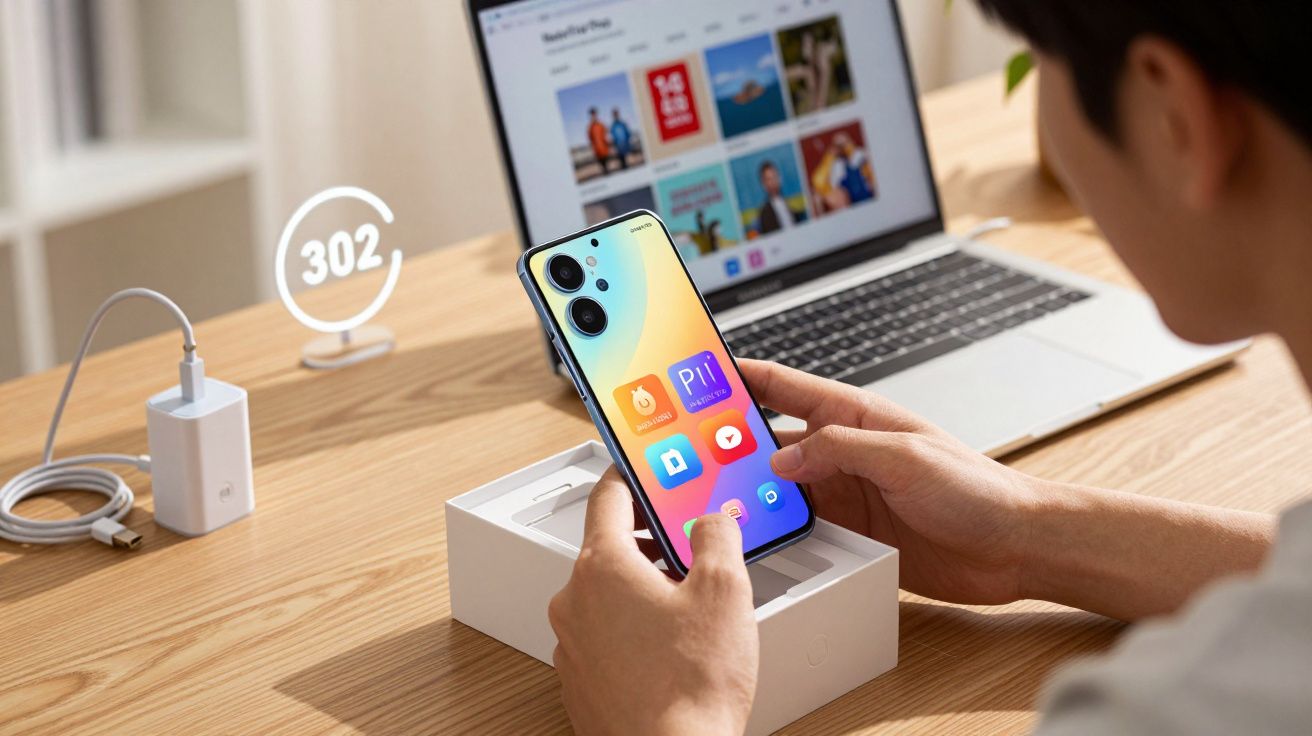 Pessoa a segurar um smartphone novo com apps visíveis, próximo a um portátil aberto numa mesa de madeira.