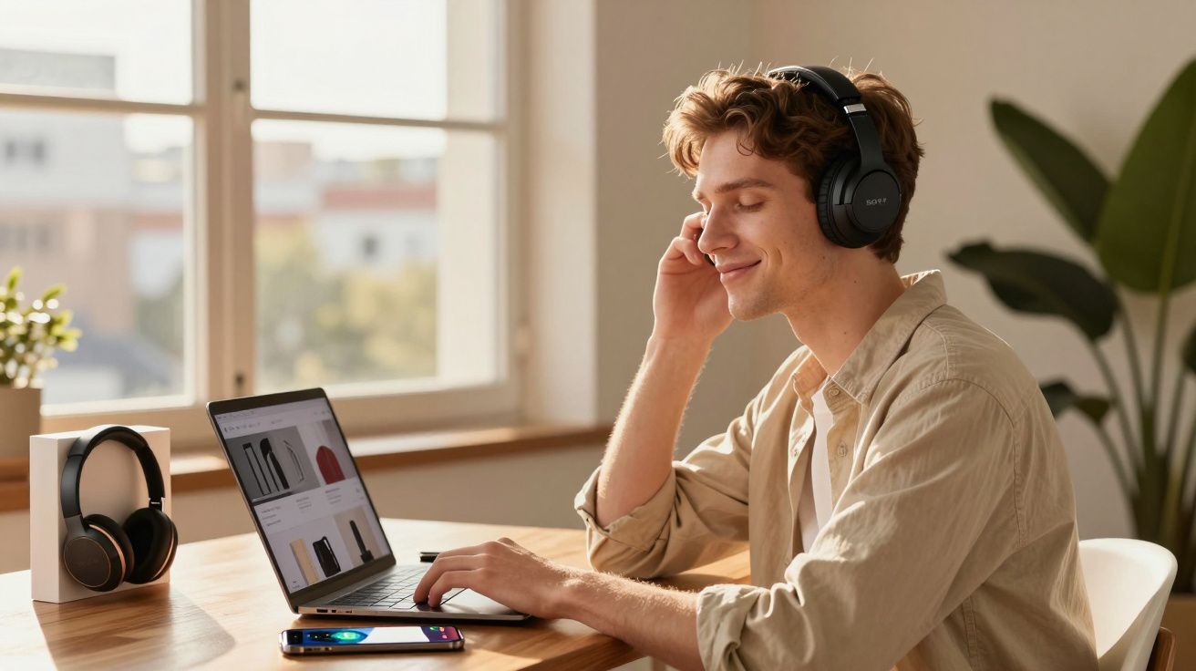Jovem sentado a sorrir, usando auscultadores, no computador portátil com telemóvel e auscultadores na mesa.