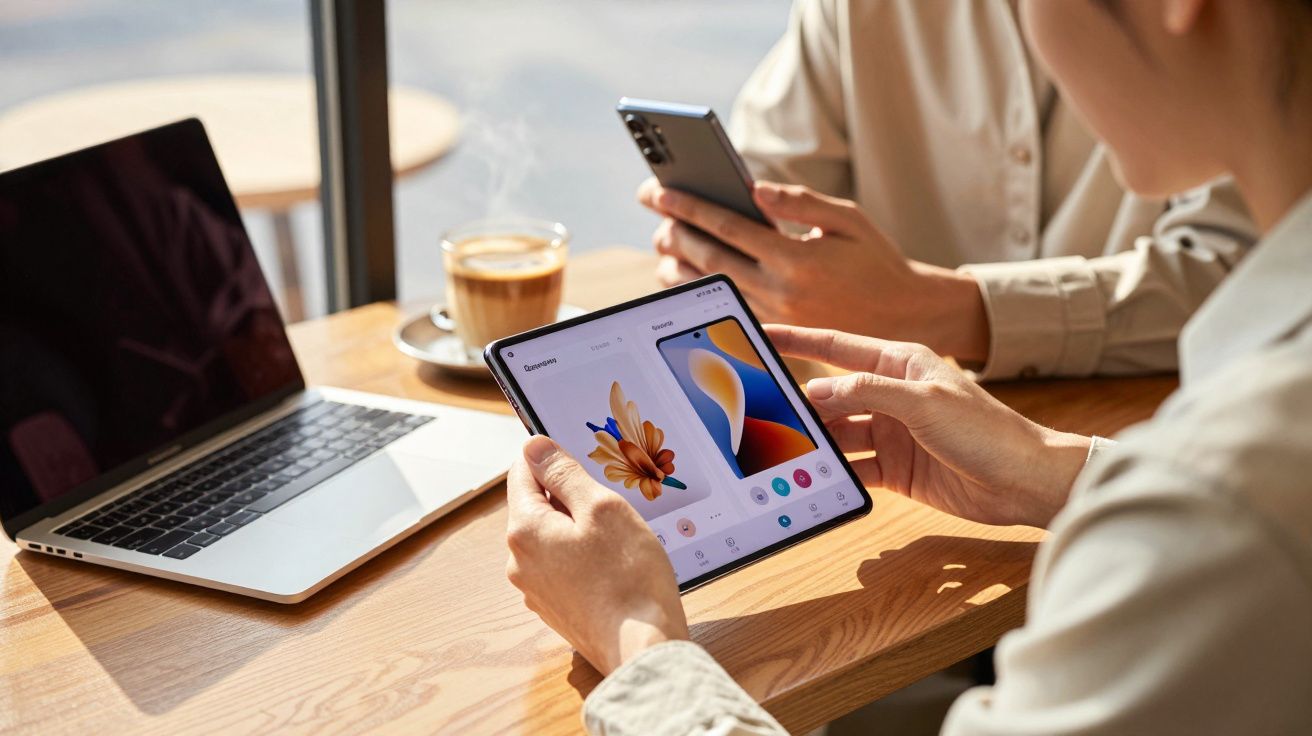 Duas pessoas numa mesa com um tablet dobrável, um laptop fechado, telemóveis e uma chávena de café.