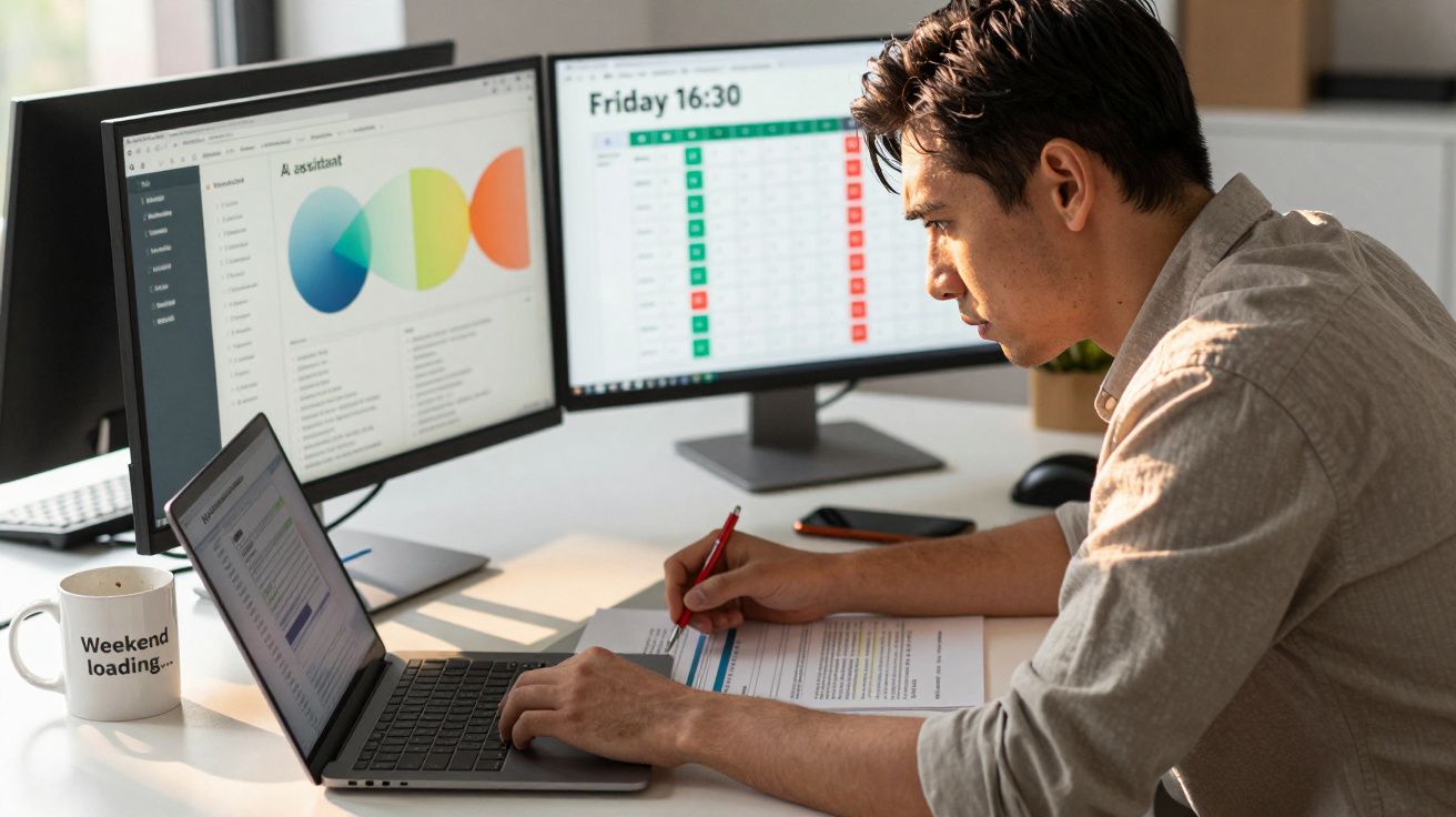 Homem a trabalhar num escritório, usando laptop e dois ecrãs com gráficos e calendário numa secretária clara.