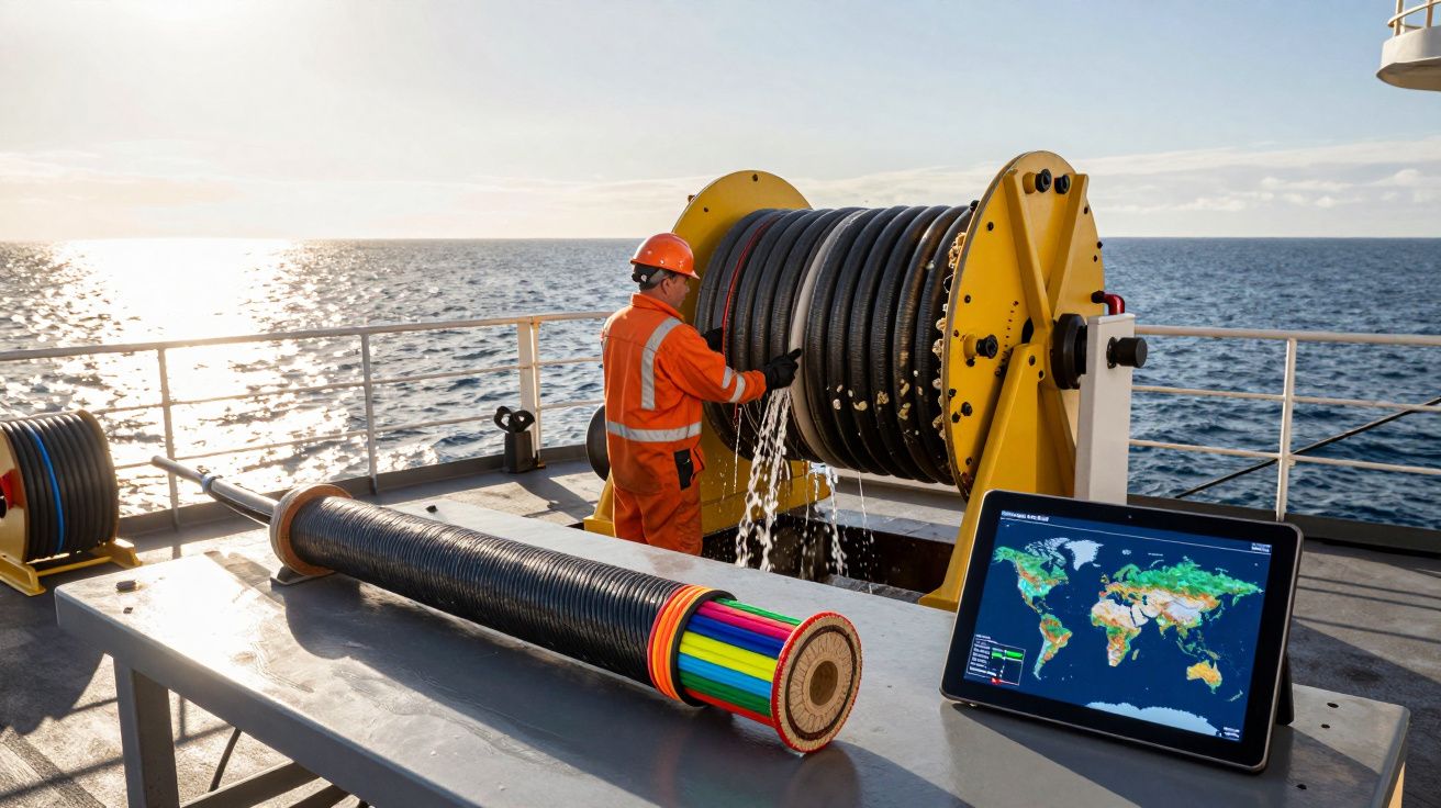 Homem com equipamento de proteção enrola cabo submarino numa embarcação, com mapa mundial num tablet ao lado.
