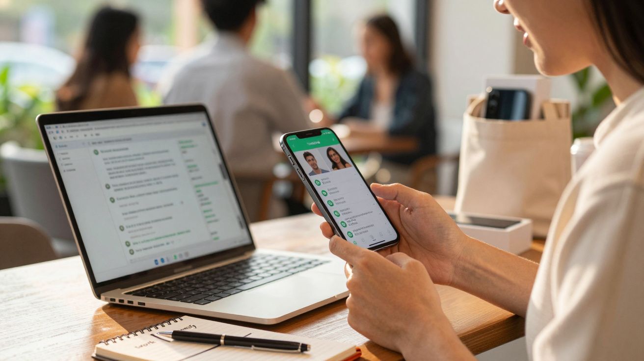 Pessoa a usar smartphone e computador portátil, com aplicação de mensagens aberta, numa mesa de escritório.