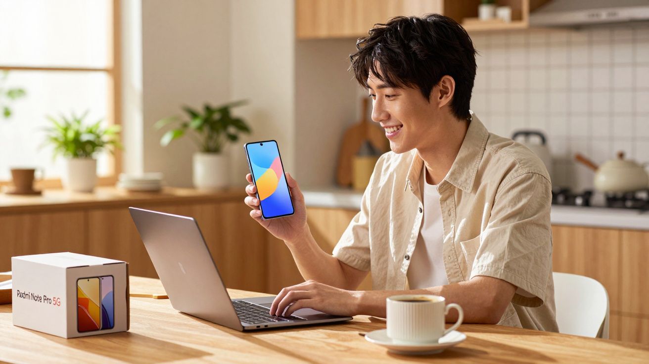 Jovem sorri enquanto segura smartphone ao lado de portátil numa cozinha moderna e luminosa.