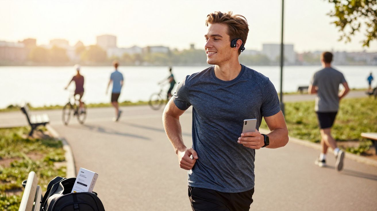 Homem a correr ao ar livre com auscultadores e telemóvel junto a um lago numa manhã ensolarada.