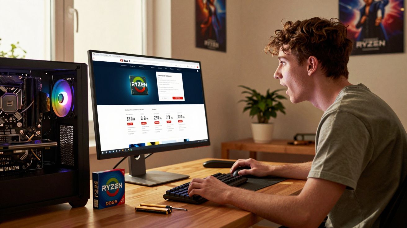 Jovem entusiasmado a montar computador com processador Ryzen, a consultar especificações no ecrã.