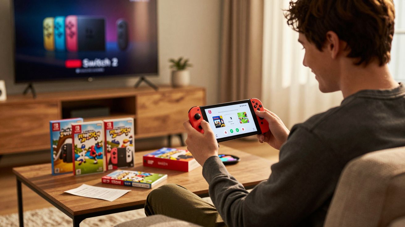 Jovem sentado no sofá a jogar no Nintendo Switch com jogos e televisão ligada a promover o Switch 2.