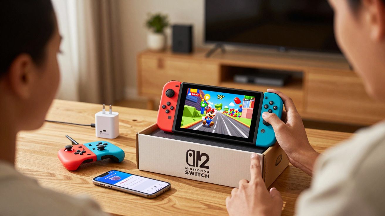 Duas pessoas a jogar Nintendo Switch com jogo de corrida do Mario numa mesa de madeira.