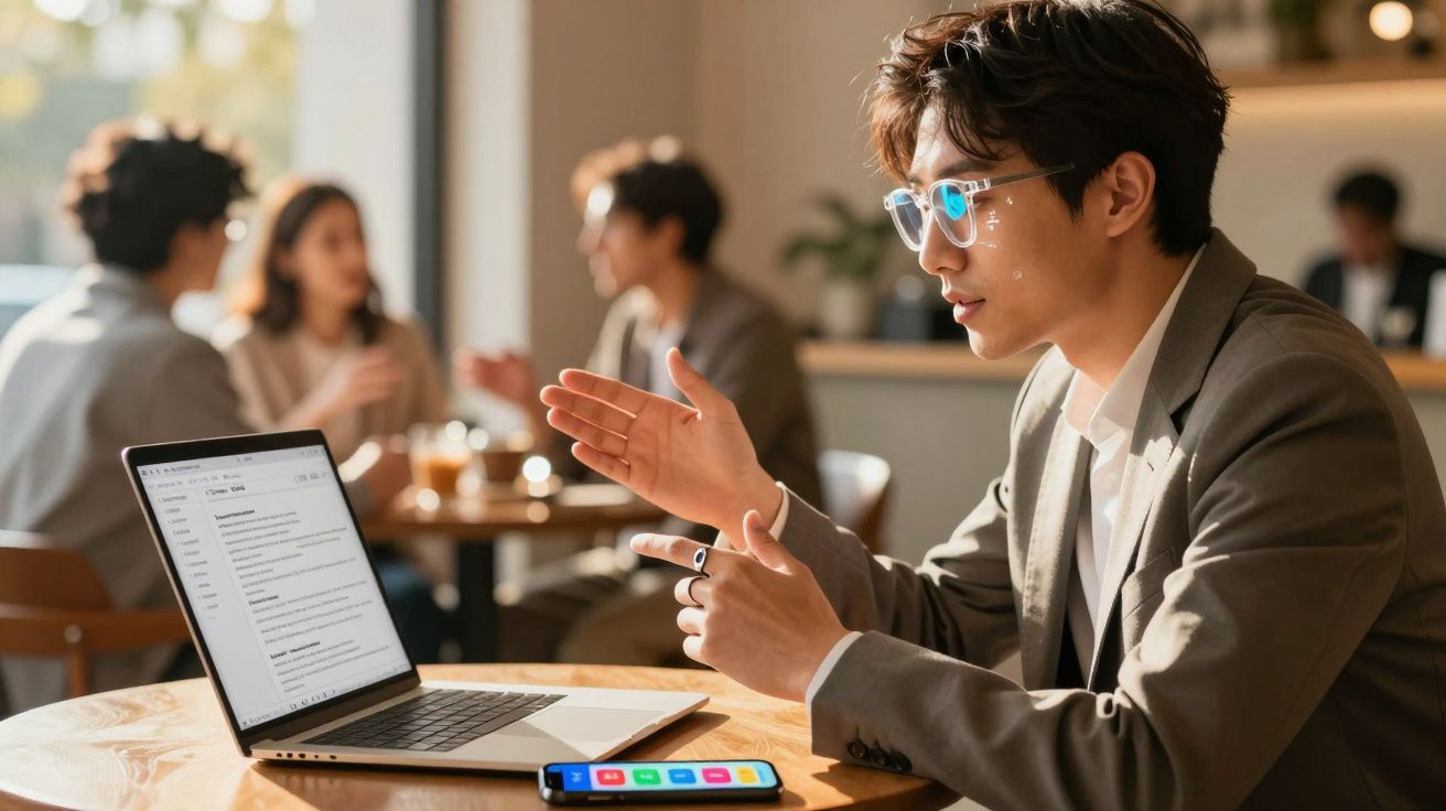 Homem jovem com óculos a explicar algo durante videochamada num café, com computador e telemóvel à frente.