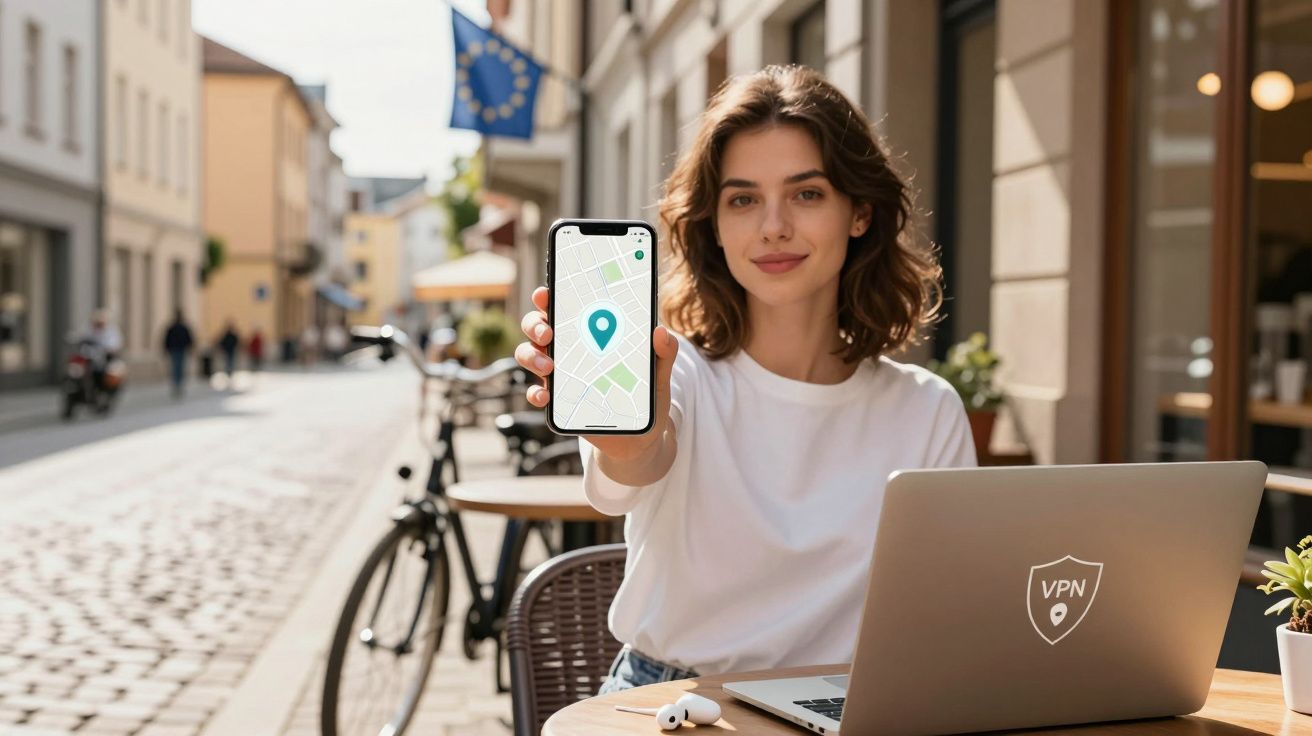 Mulher sentada numa esplanada mostra mapa de localização no ecrã do telemóvel, com portátil à frente.