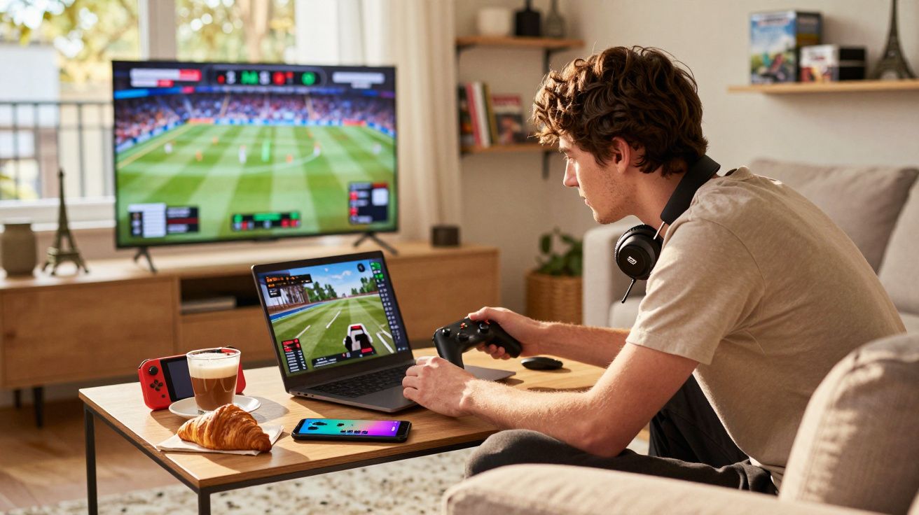 Homem jovem sentado no sofá a jogar videojogos no portátil, com jogos na televisão e dispositivos móveis na mesa.
