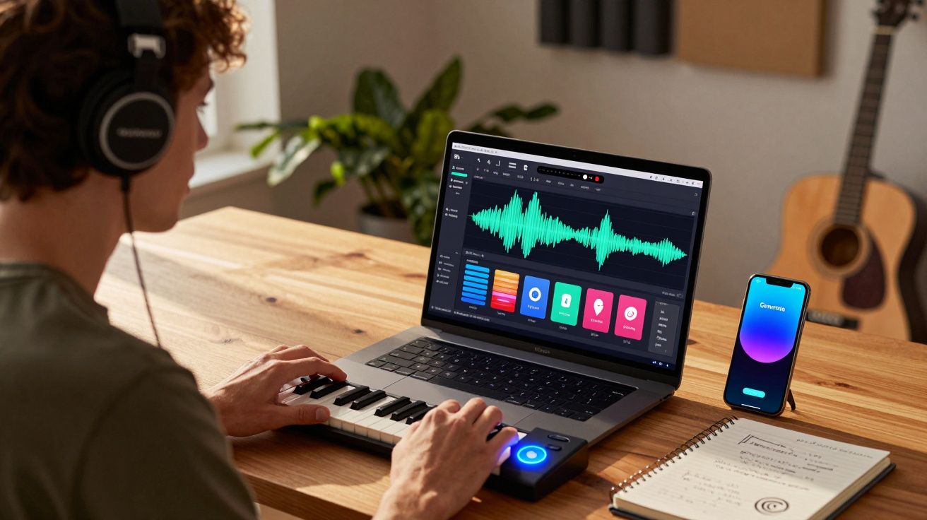 Pessoa com auscultadores a tocar teclado MIDI e a editar áudio num computador portátil numa mesa de madeira.
