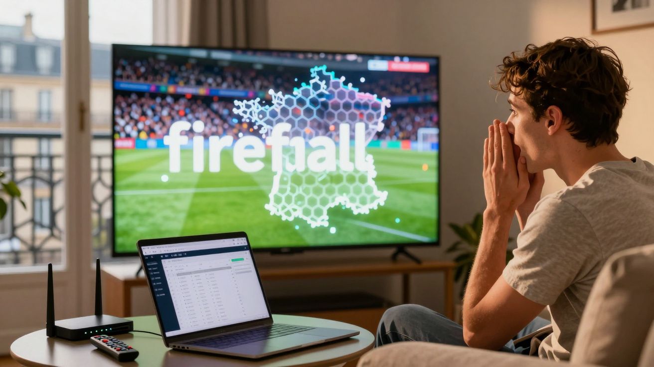 Homem sentado em sala de estar a ver um jogo de futebol na televisão com computador portátil aberto à frente.