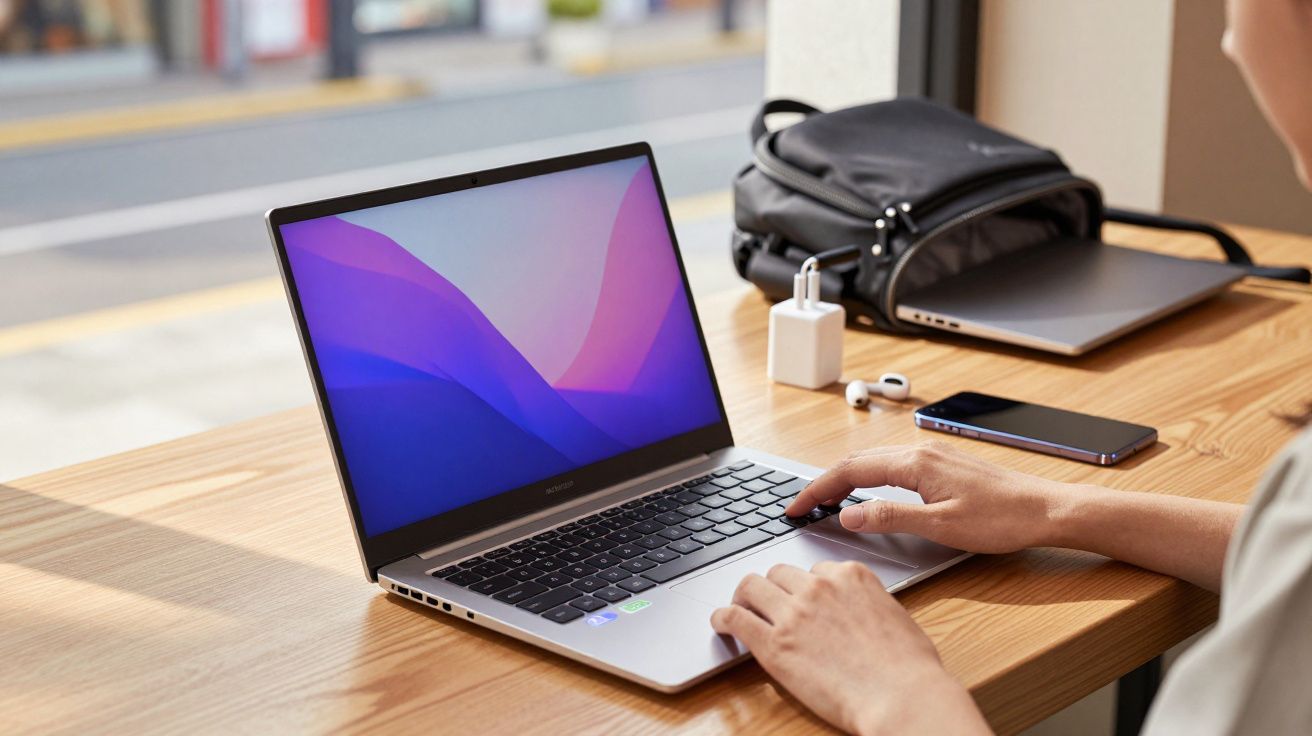 Pessoa a usar portátil numa mesa de madeira com mochila, carregador, auricular e telemóvel ao lado.