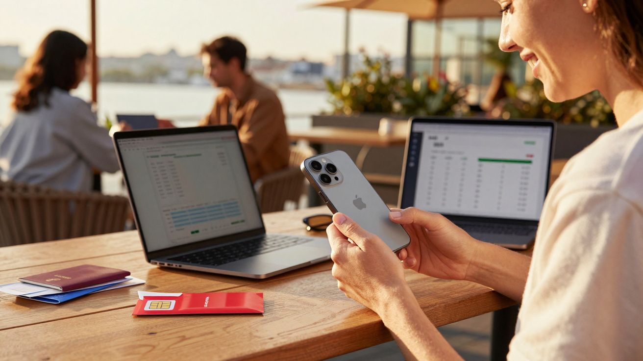 Pessoa a trabalhar num espaço exterior com dois computadores portáteis e um smartphone Apple na mão.