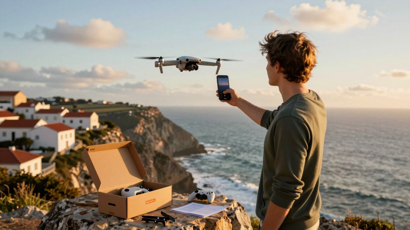 Homem controla drone com telemóvel junto ao mar num cenário costeiro ao pôr do sol.