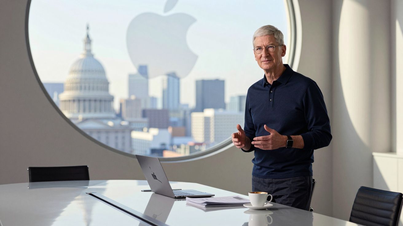 Homem em escritório moderno com vista para o Capitólio, mesa branca, portátil Apple e chávena de café.