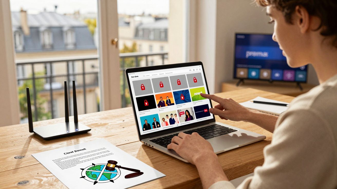 Pessoa a usar computador portátil com conteúdos bloqueados numa mesa junto a janelas, router e uma folha com ilustração juríd