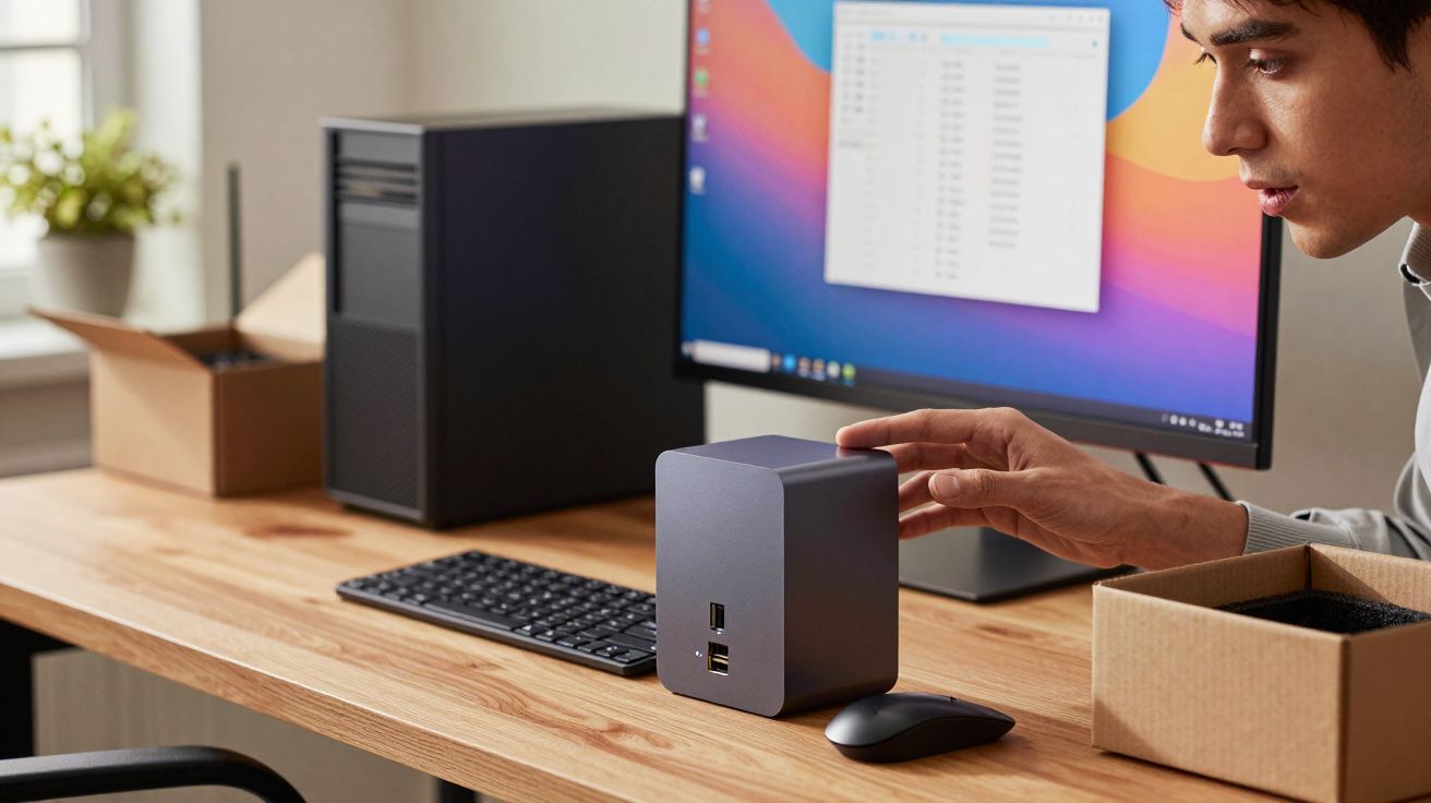 Pessoa a examinar um dispositivo eletrónico quadrado numa secretária com computador, teclado e rato.