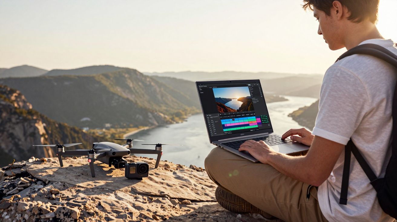 Jovem sentado numa rocha com drone ao lado edita vídeo de paisagem montanhosa num portátil.