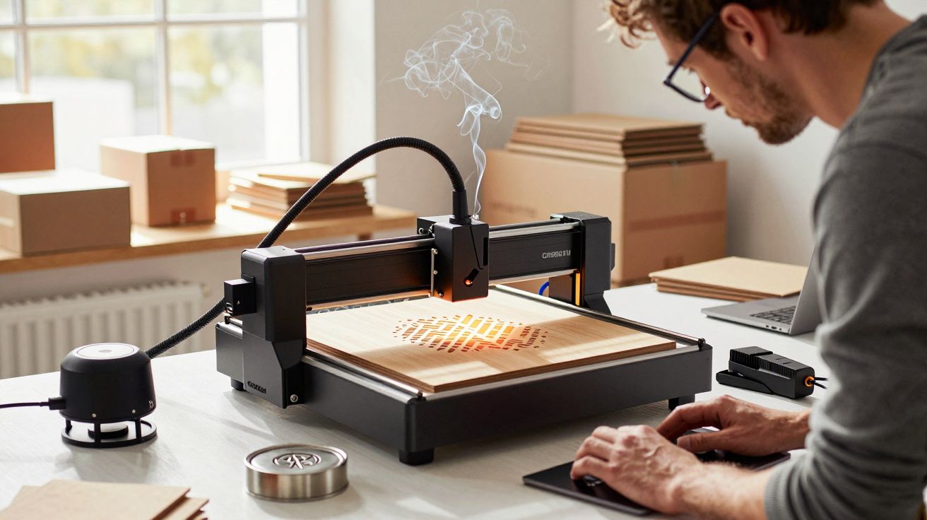 Homem a operar máquina laser para gravar padrão em peça de madeira numa oficina iluminada.