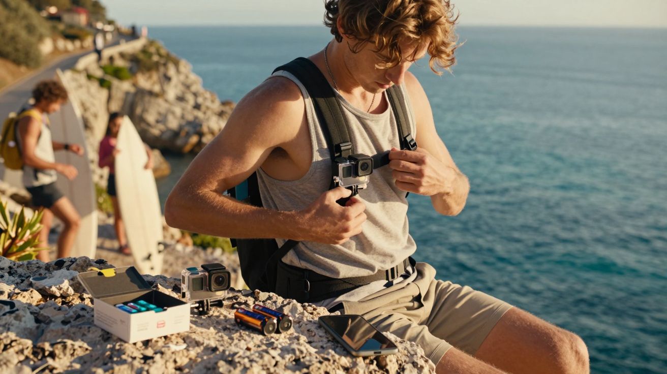 Jovem ajusta câmara GoPro no peito junto ao mar, com mochila, telemóvel e acessórios sobre rocha.