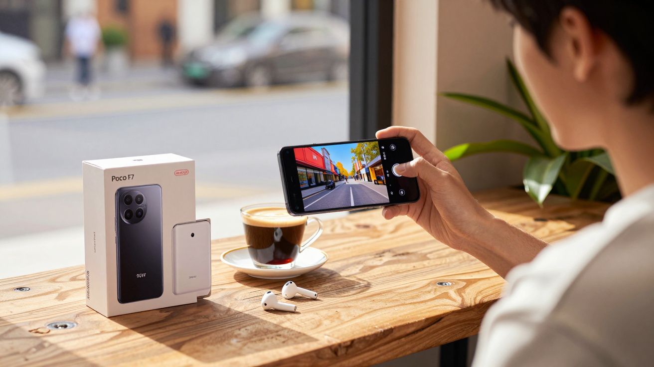 Pessoa a tirar foto da rua com telemóvel ao lado de caixa de Poco F7, auriculares e chá num café.