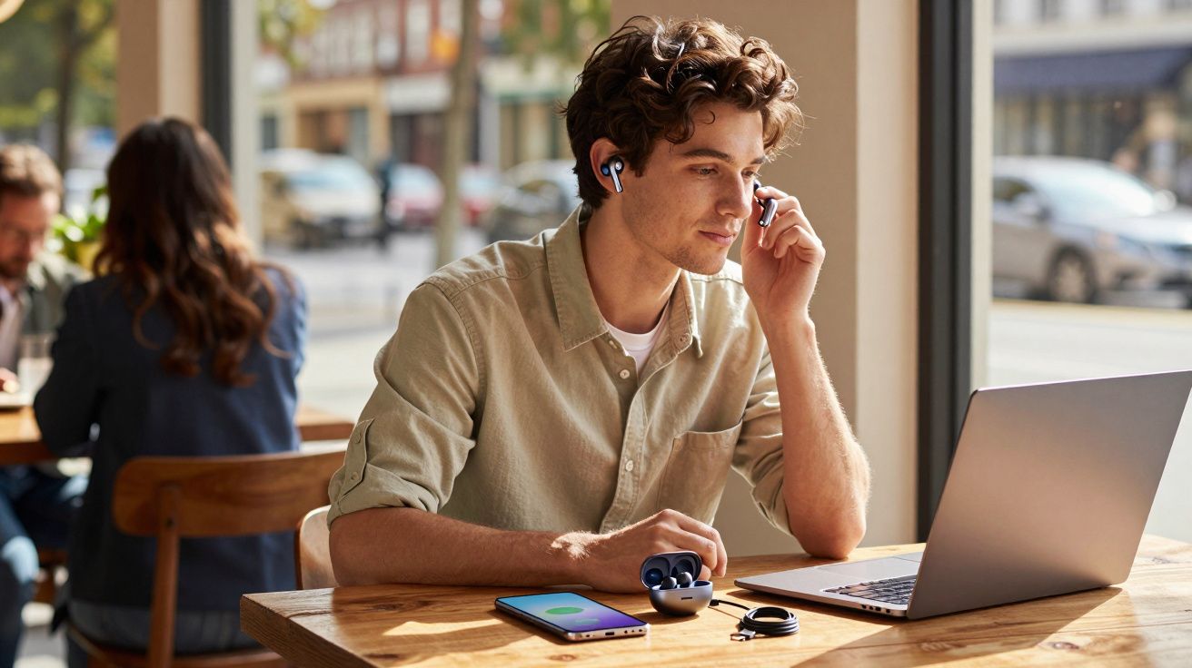 Homem jovem a usar auriculares sem fios e a trabalhar num portátil num café com luz natural.