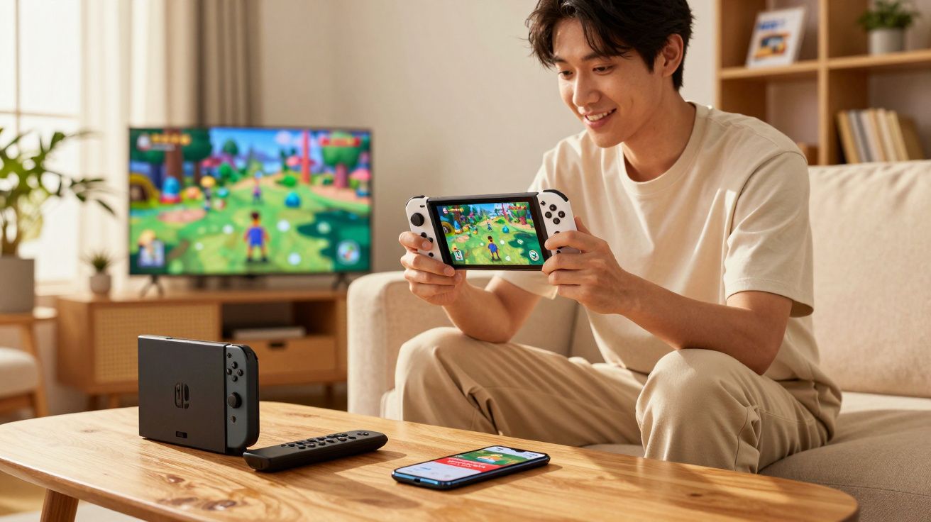 Jovem sentado no sofá a jogar videojogo portátil com consola e televisão ao fundo numa sala luminosa.