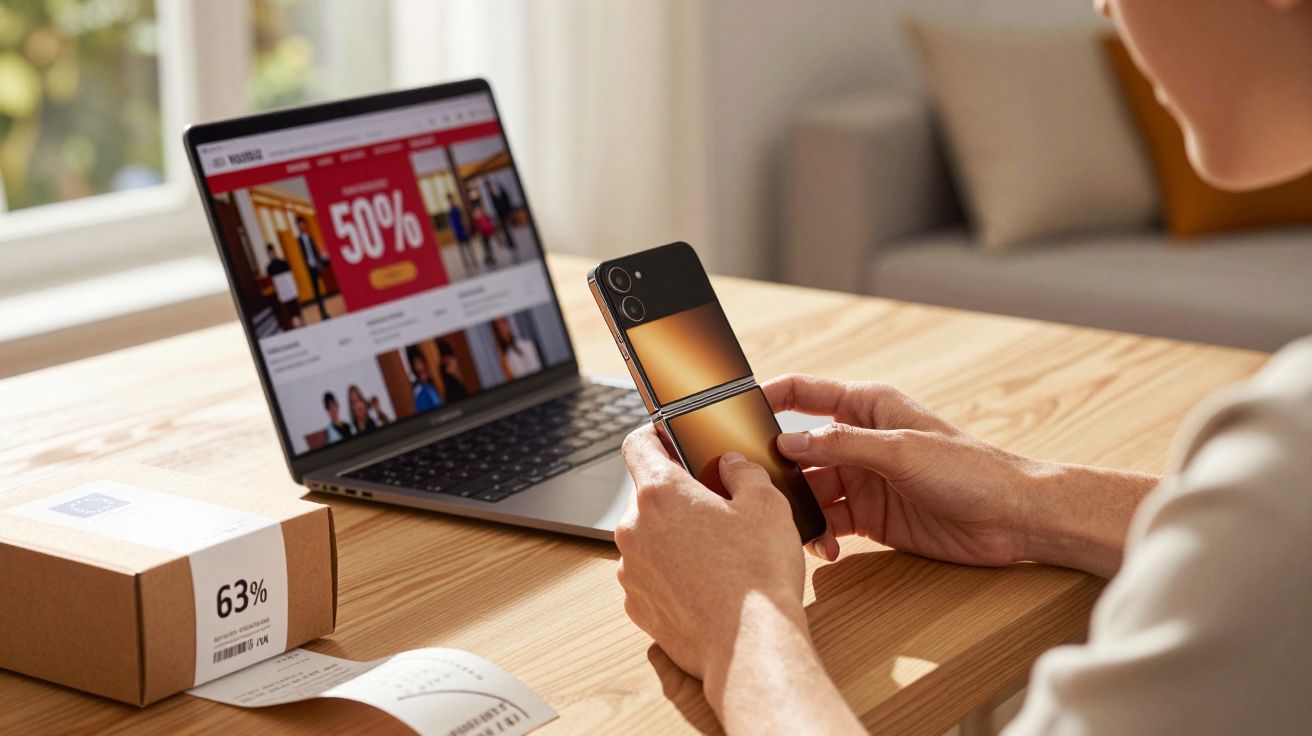 Pessoa segurando telemóvel dobrável dourado perto de computador portátil com site de promoções e caixa de embalagem numa mesa