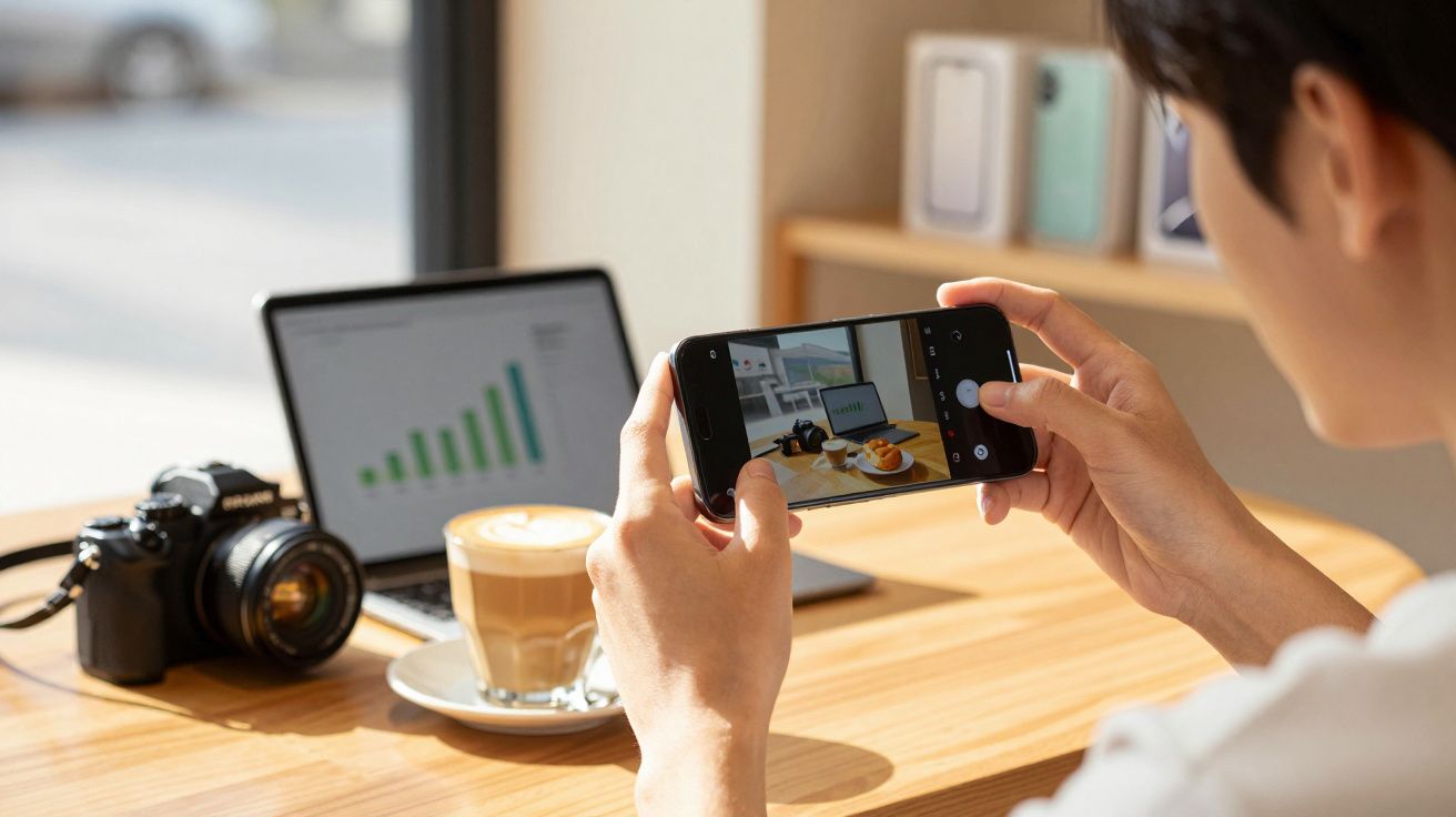 Pessoa a fotografar um portátil com gráfico, café e câmara numa mesa de madeira sob luz natural.