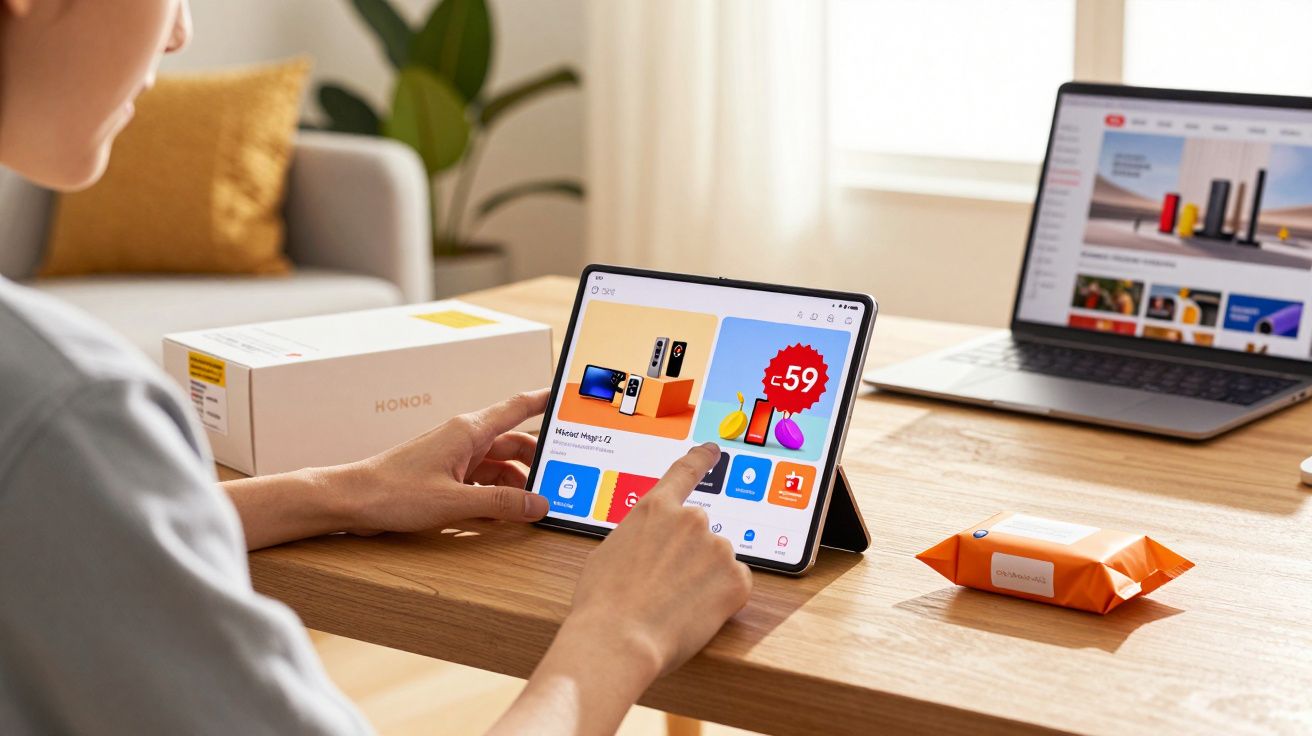 Pessoa interage com tablet dobrável que exibe promoções, com portátil e objetos sobre mesa de madeira.