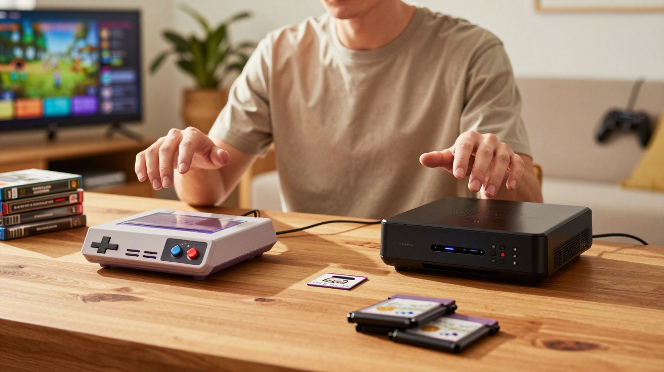 Pessoa a operar consola retro e dispositivo de armazenamento sobre mesa de madeira numa sala.