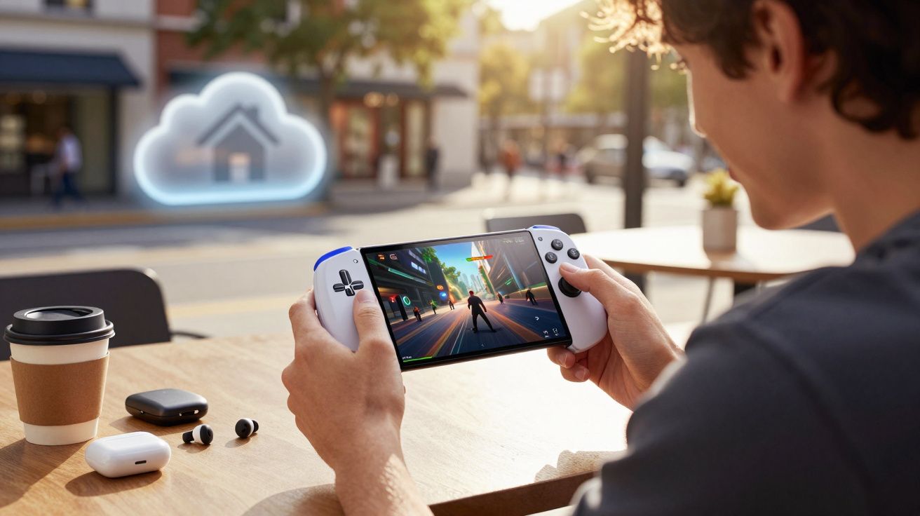 Pessoa a jogar videojogo num comando portátil numa mesa ao ar livre com auriculares e café.