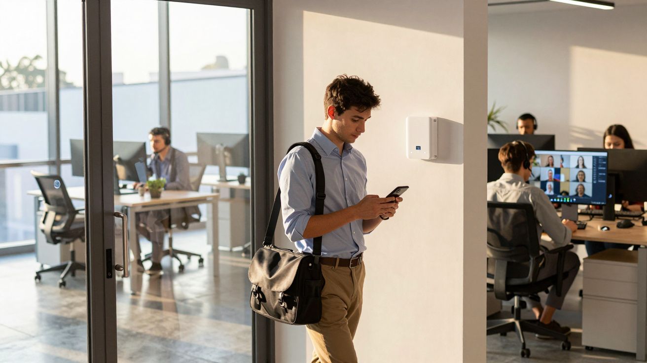 Homem jovem com pasta a usar telemóvel num escritório moderno com colegas e computadores ao fundo.