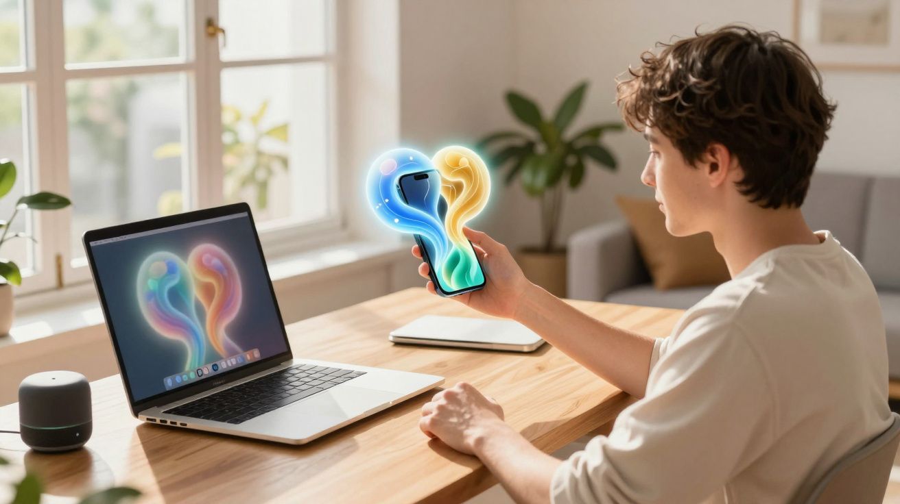 Pessoa sentada a usar telemóvel com holograma colorido e computador portátil com imagem semelhante numa mesa junto à janela.