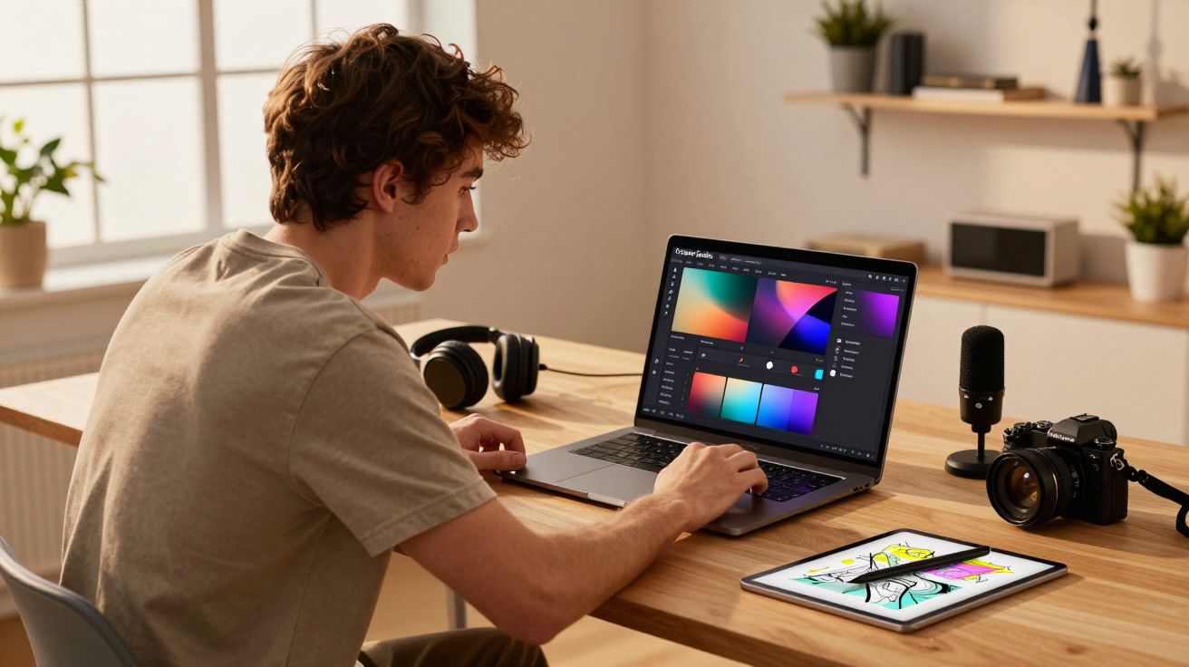 Jovem a trabalhar num computador portátil com programas de design e tablet com desenho numa mesa de madeira.