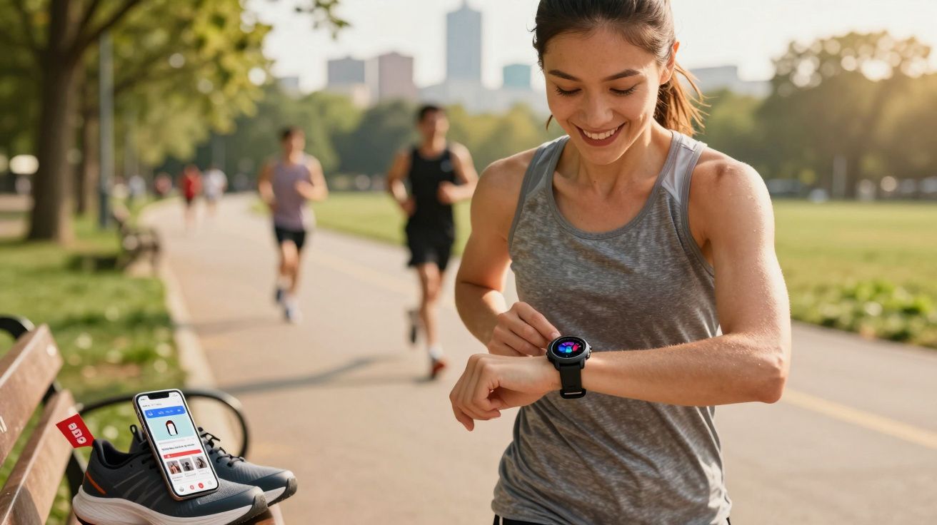 Mulher sorridente a usar relógio inteligente enquanto corre num parque com pessoas ao fundo.