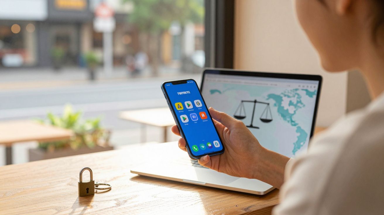 Pessoa a usar smartphone com aplicação de segurança à frente de computador portátil aberto numa mesa.