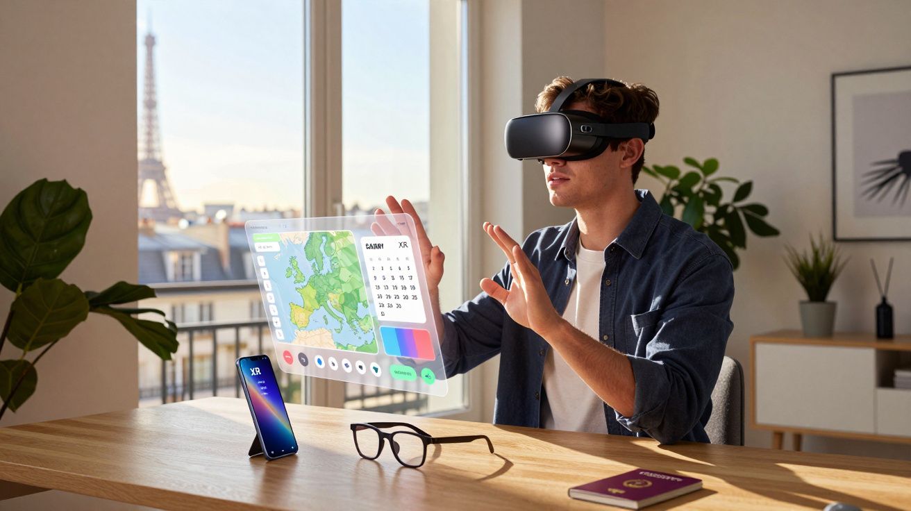 Homem com óculos VR interage com interfaces virtuais numa sala com vista para a Torre Eiffel.