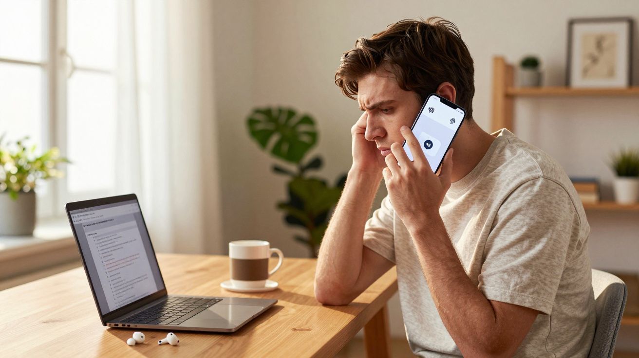 Homem preocupado ao telefone sentado à mesa com portátil e chá numa sala luminosa e moderna.