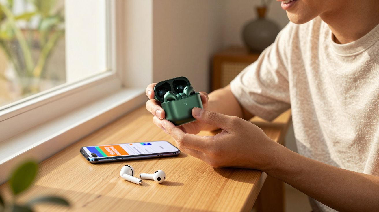 Pessoa a segurar estojo com auscultadores sem fios junto a mesa com smartphone e auscultadores brancos.