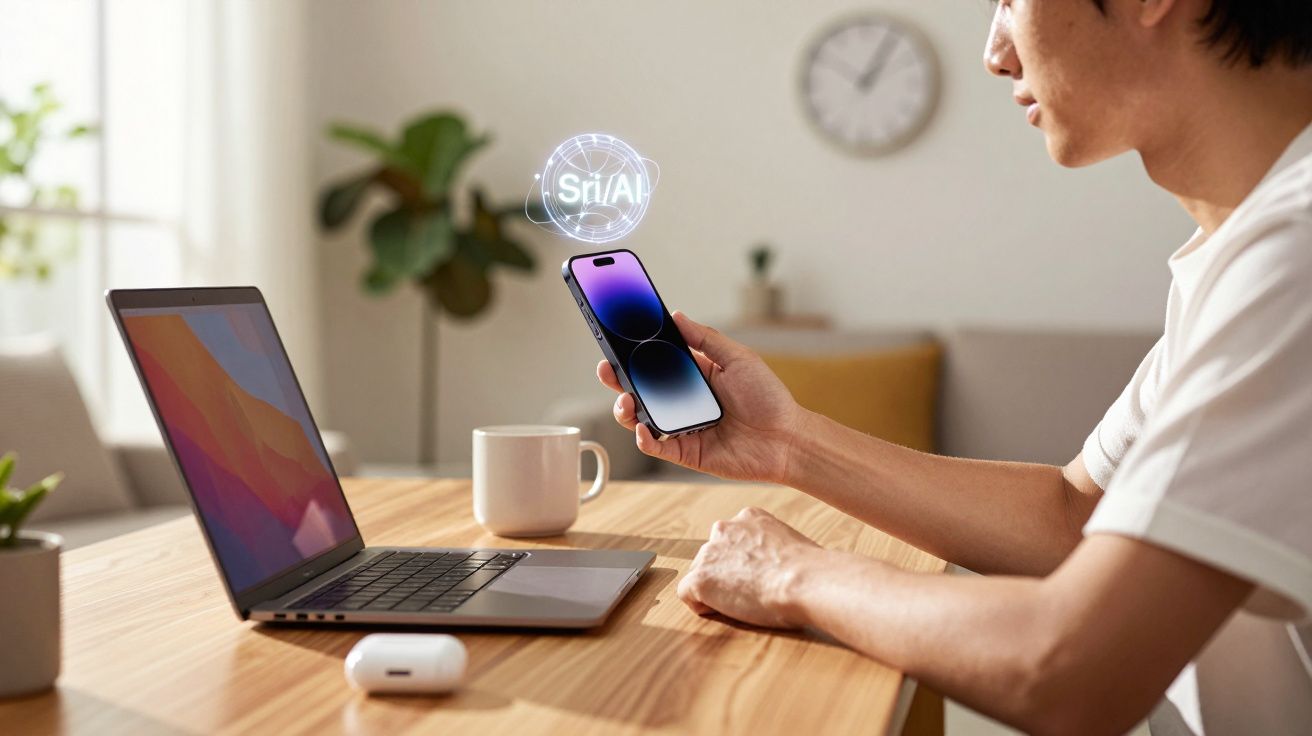 Pessoa ao computador a usar smartphone com holograma de inteligência artificial num ambiente doméstico.