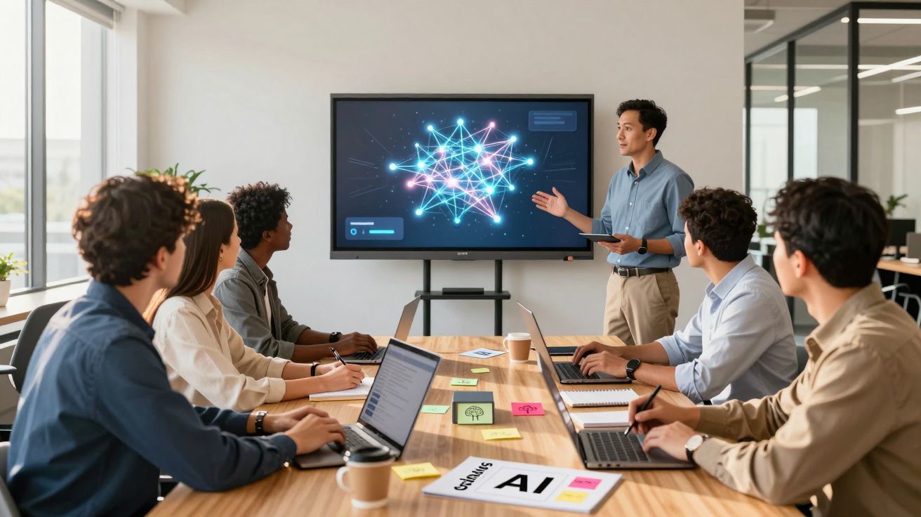 Reunião de equipa numa sala de escritório com apresentação digital sobre inteligência artificial na tela.
