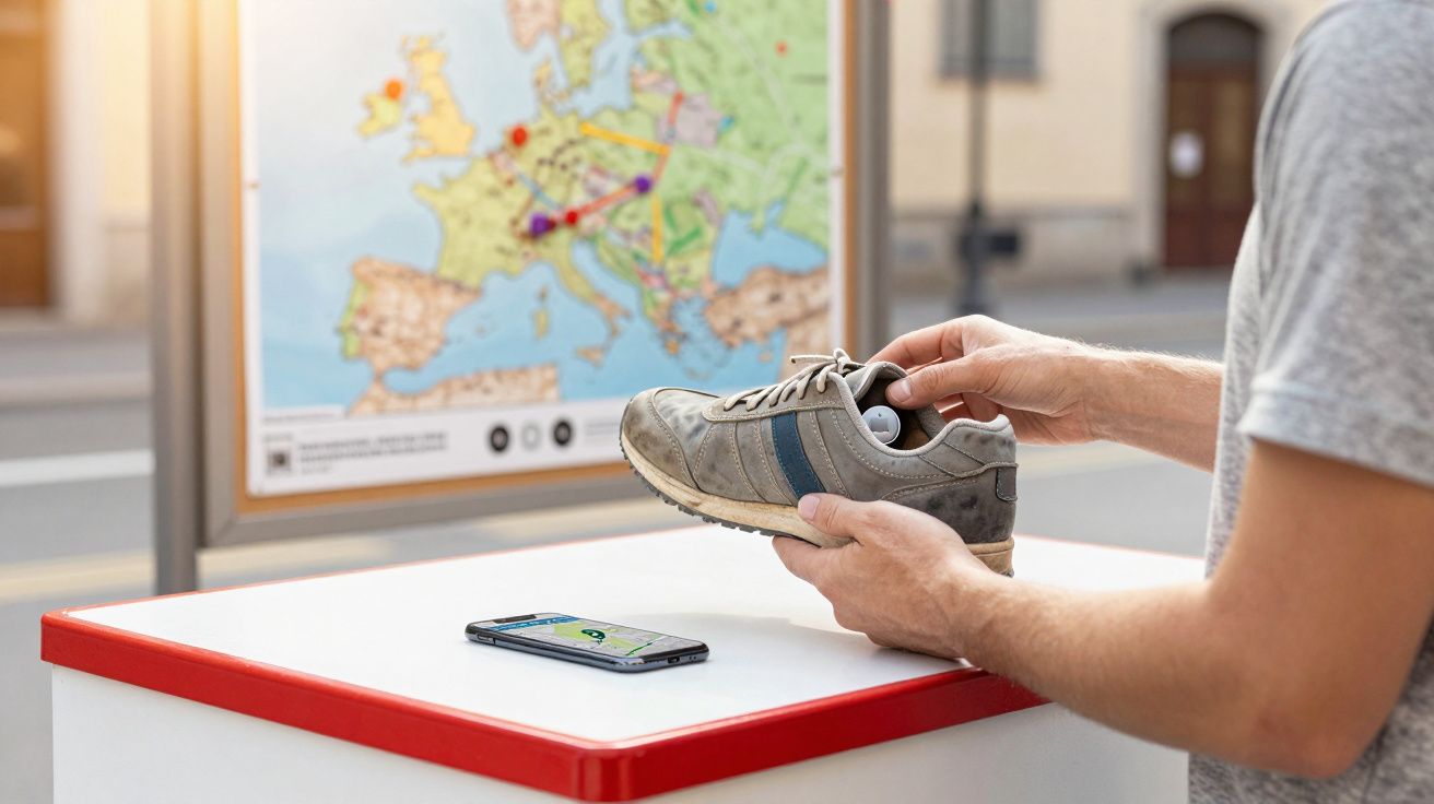 Pessoa a colocar dispositivo num sapatilha com mapa da Europa ao fundo e telemóvel numa mesa.