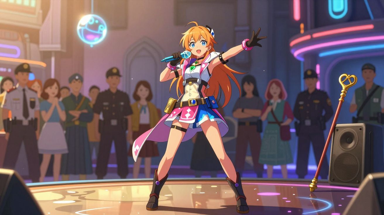 Garota animada com microfone canta no palco num cenário futurista com público e polícia ao fundo.