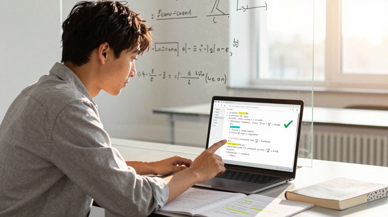 Homem jovem a estudar programação num portátil, com anotações e fórmulas matemáticas em volta.